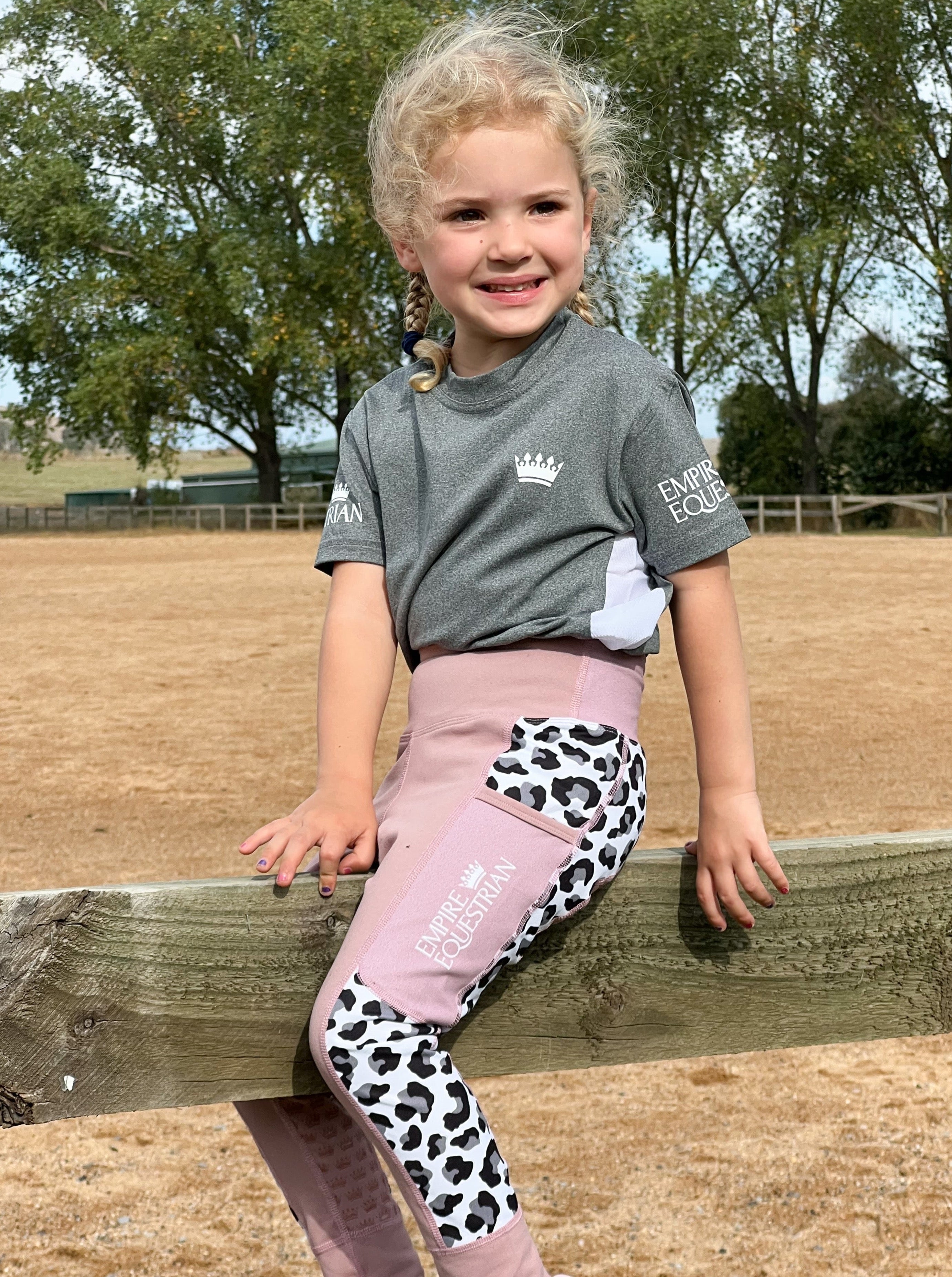 Children's Unlined Riding Tights - WHITE LEOPARD & DUSTY PINK